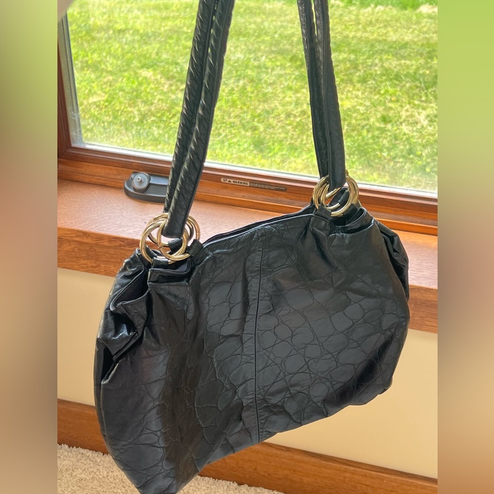 USA Royal Black Leather Snakeskin Embossed Tote Purse Bag Gold Hardware